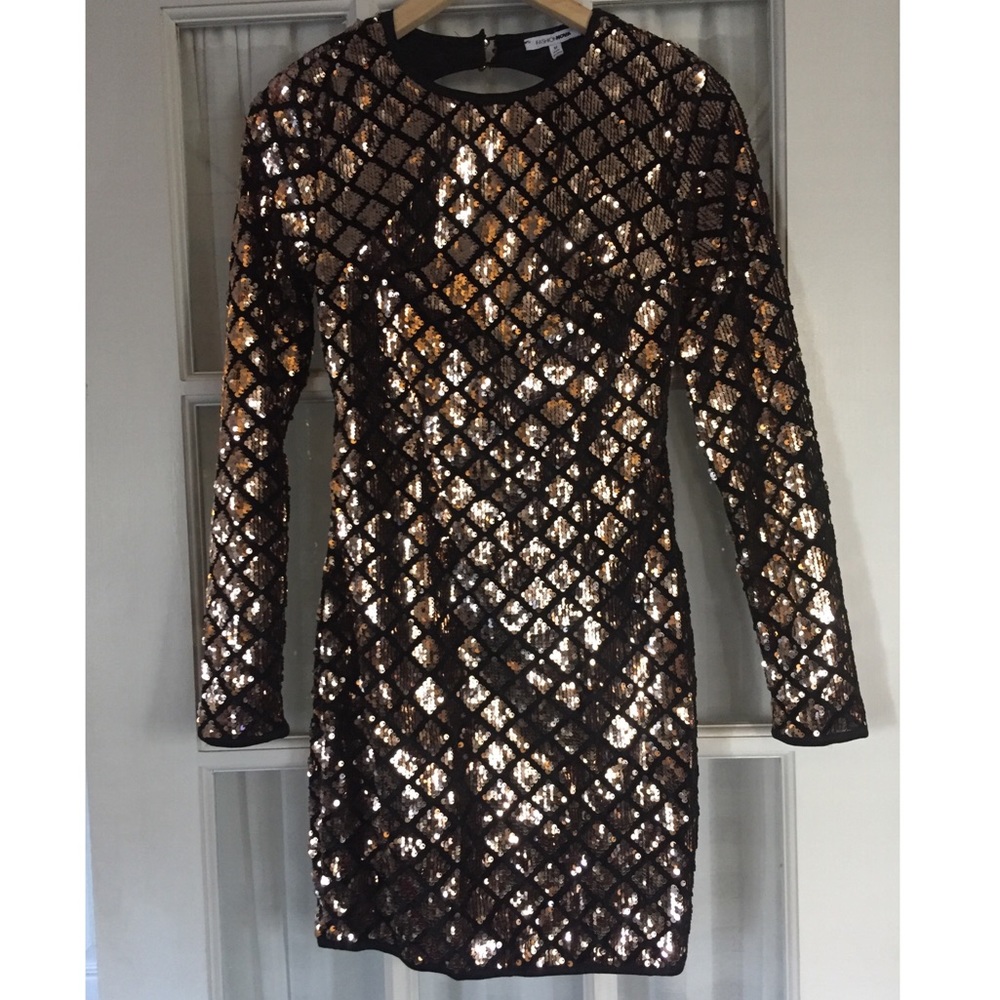 Rose gold sequin dress.